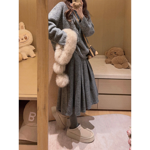 半身裙 羊毛呢子灰色中长款 miu系百褶中裙 Yukiss