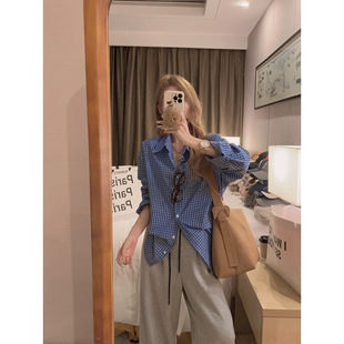 女冬小个子韩系宽松简约时髦打底衫 Yukiss miu系叠穿蓝白格子衬衫