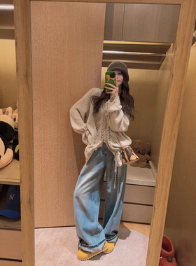 Yukiss美式浅蓝色复古高腰直筒阔腿弯刀牛仔裤女秋小个子宽松裤子