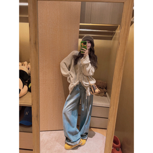 子 女秋小个子宽松裤 Yukiss美式 浅蓝色复古高腰直筒阔腿弯刀牛仔裤