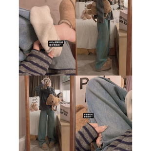 女秋冬韩系宽松遮肉休闲裤 Yukiss 小个子加绒加厚阔腿直筒牛仔裤