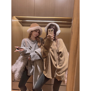 Yukiss 上衣 慵懒风腊肠狗撞色加绒条纹T恤女冬韩系宽松软糯打底衫