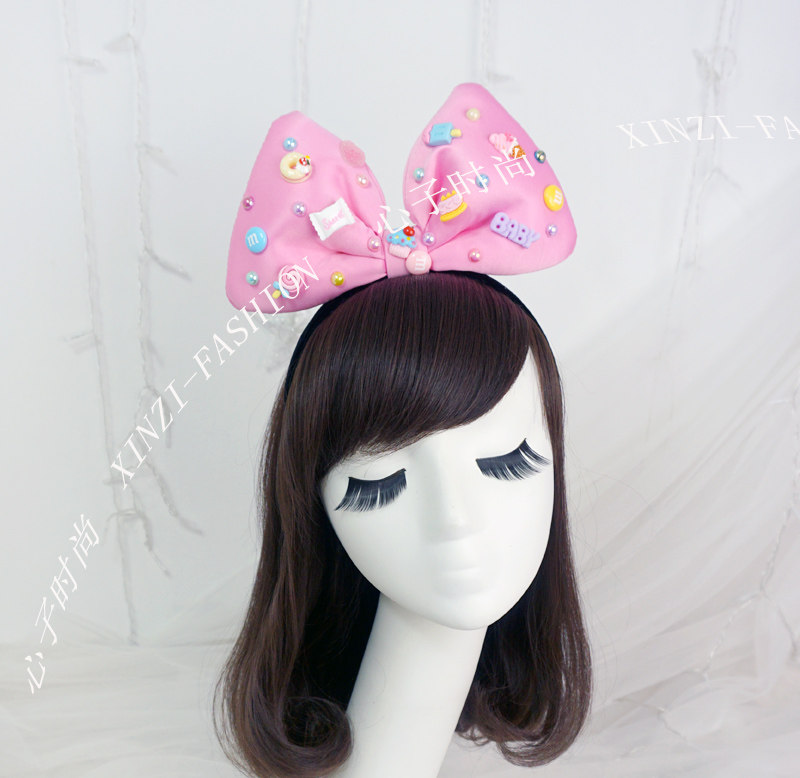 心子时尚原创桃粉色白色缎面蝴蝶结头饰儿童摄影可爱发箍尺寸定制