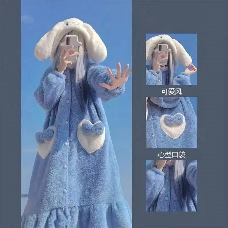 可爱玉桂狗大眼仔草莓熊卡通睡袍秋冬珊瑚绒保暖睡衣情侣家居服