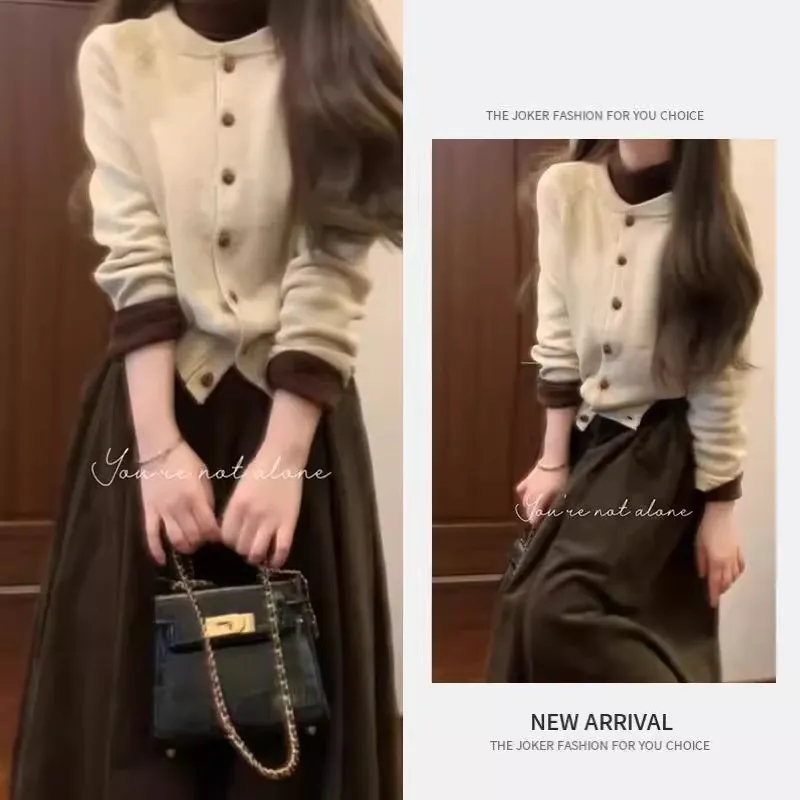 2025春季韩系穿搭一整套百搭打底显瘦减龄针织衫高腰半身裙三件套