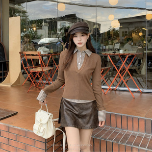 女 topchanlin 2025秋学院风polo领格子拼接假两件新款 修身 针织衫