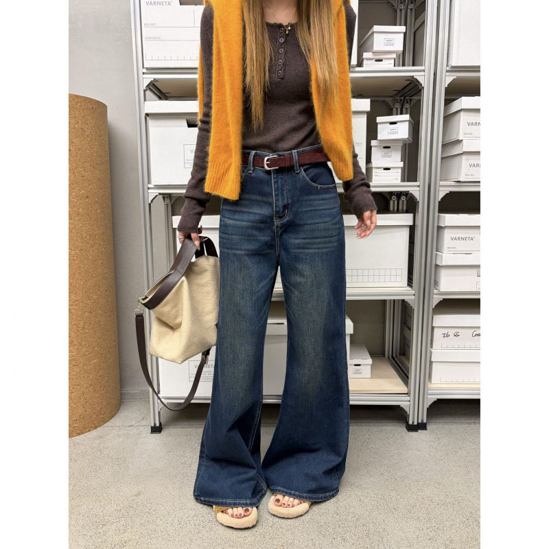 ICC四面弹植绒女式牛仔裤筒喇裤