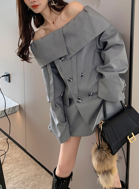 小众一字肩灰色小西装外套上衣女高腰直筒阔腿休闲裤西服套装气质