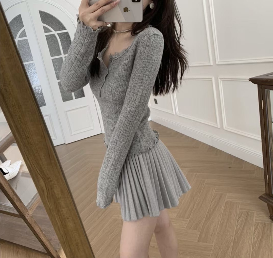 AJstudio 2025秋季韩版新款时尚ins潮复古轻奢感拼蕾丝长袖针织衫