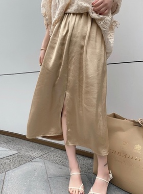Alice花花家松紧腰法式复古半身裙女中长款开叉绸缎宽松包臀W
