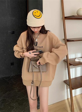 W花花家慵懒风字母印花卫衣2025新款秋冬女圆领套头港风上衣Alice