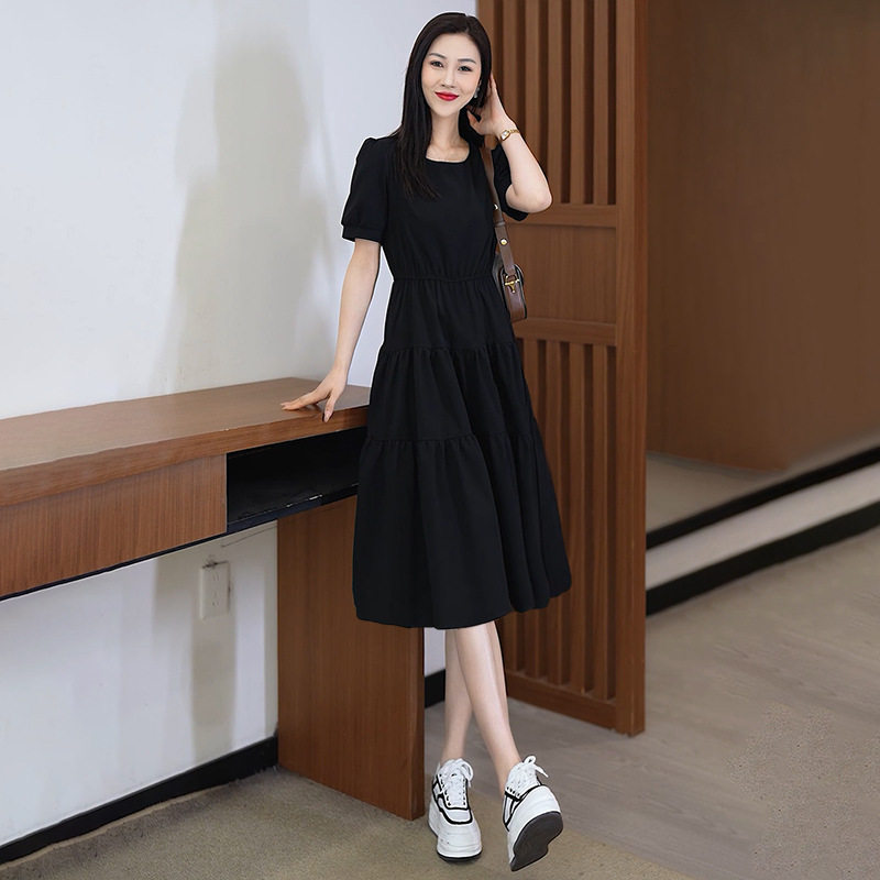 黑色短袖连衣裙女夏季新款时尚洋气收腰显瘦小个子休闲长裙子