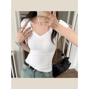 v领正肩短袖t恤女新款夏季显瘦掐腰设计感纯欲甜辣小上衣