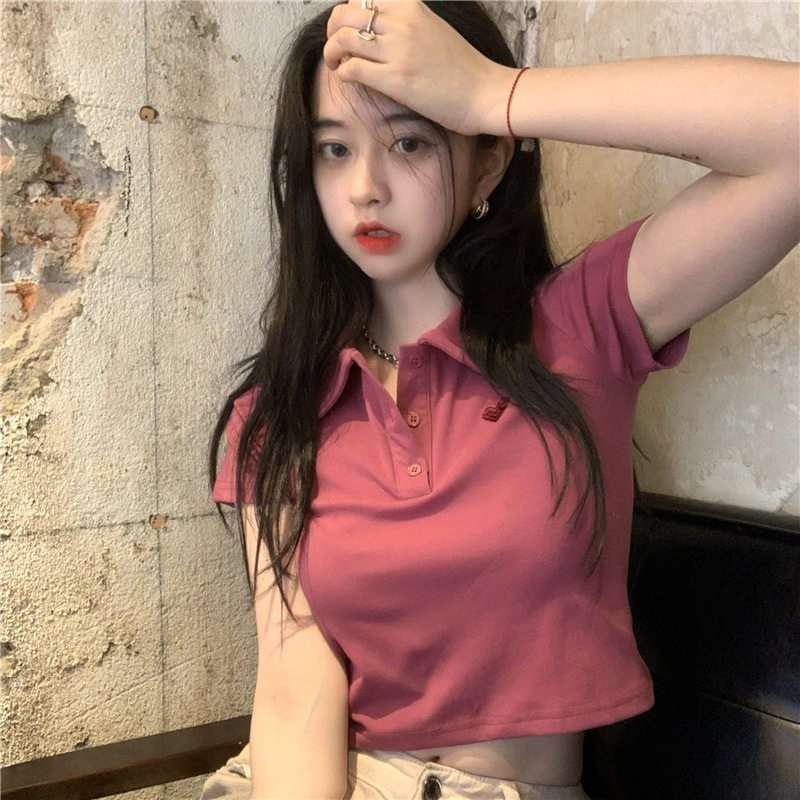 初恋甜美正肩polo衫新款短袖设计感小众t恤女短款上衣夏季