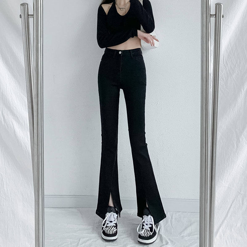 黑色高腰开叉微喇叭牛仔裤女新款设计感小众chic长裤子