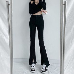 黑色高腰开叉微喇叭牛仔裤女新款设计感小众chic长裤子