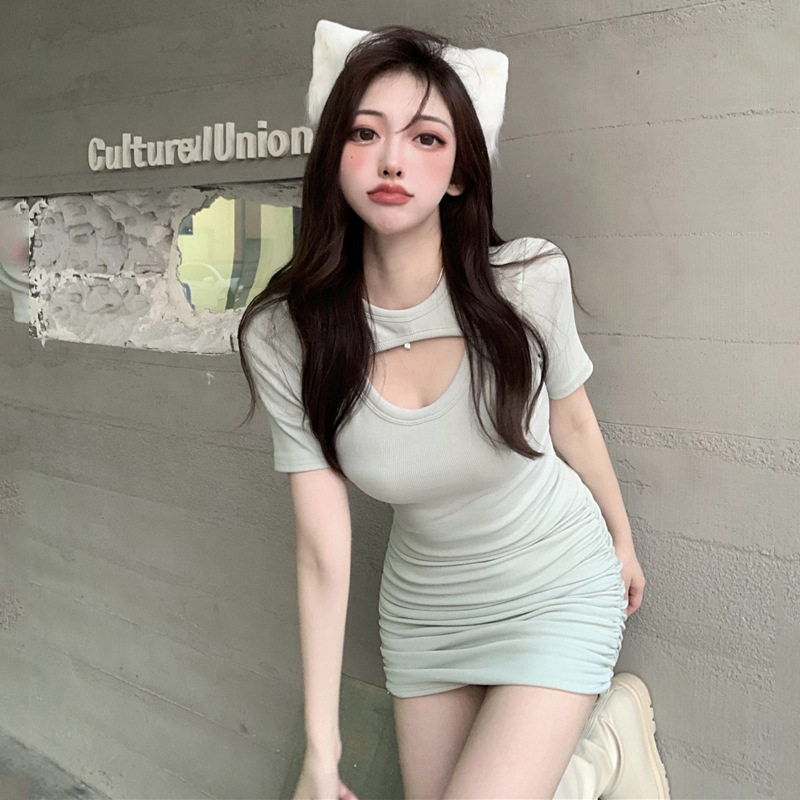韩系chic纯色高腰褶皱包臀短裙小个子修身仙女裙夏镂空连衣裙