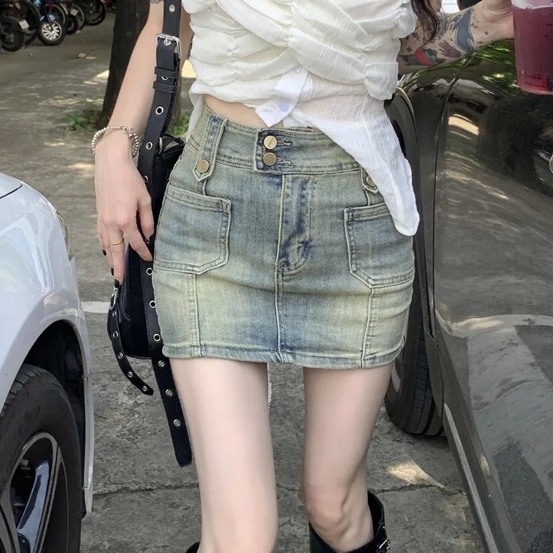 复古做旧防走光牛仔半身裙女夏季美式辣妹高腰包臀裙短裙子ins潮