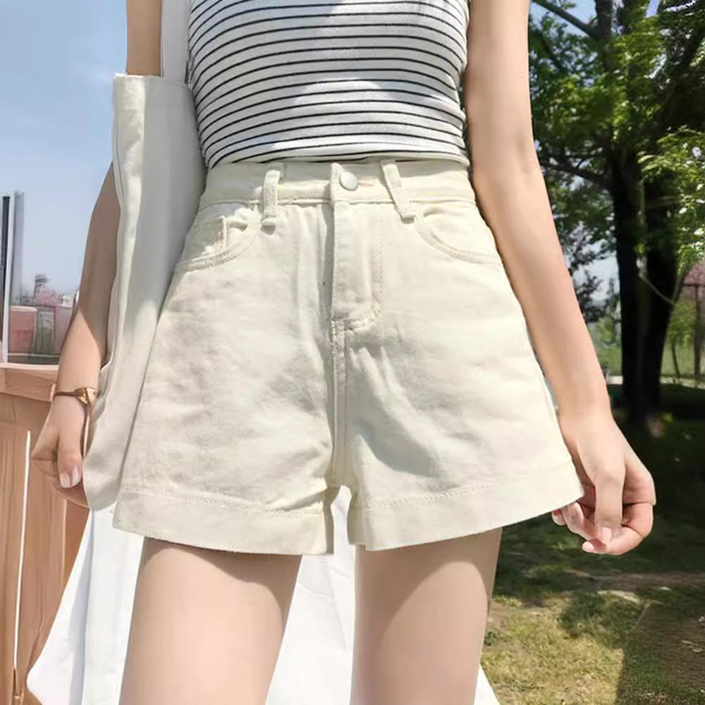 春季新款韩版简约翻边高腰显瘦牛仔短裤女学生百搭直筒阔腿热裤潮
