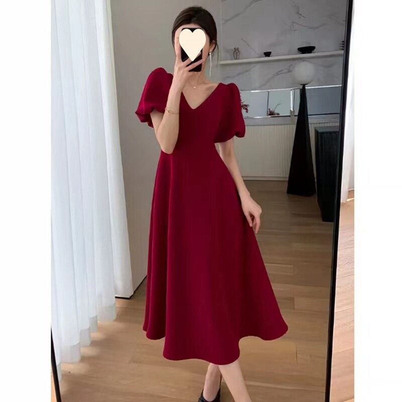 大码胖妹妹法式V领赫本风酒红色裙子女夏季泡泡袖显瘦遮肚子长裙