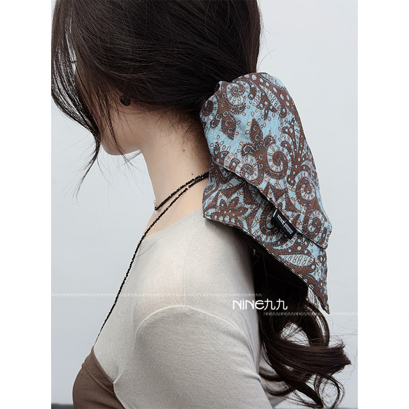 NINE九丨韩版复古腰果花发圈印花头饰大饼圈新中式印花图案方巾女