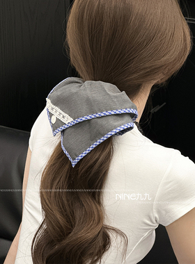 NINE九丨复古高级感灰布蓝格四件套甜美少女格纹马尾灰色方巾发箍