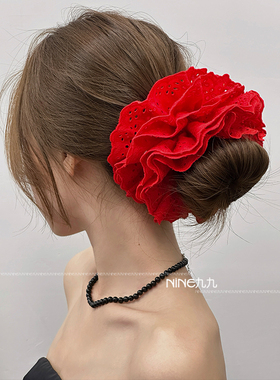 NINE九丨明星同款高品质红色蕾丝花边发圈复古温柔发绳发饰女
