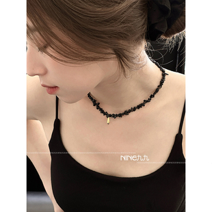 NINE九 s925纯银水滴碎石项链复古简约百搭不规则串珠黑色锁骨链