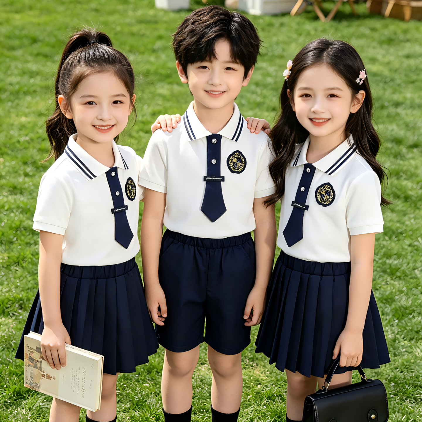 新款小学生夏季校服短袖衬衫领带时尚毕业照幼儿园园服运动会套装 - 实物图