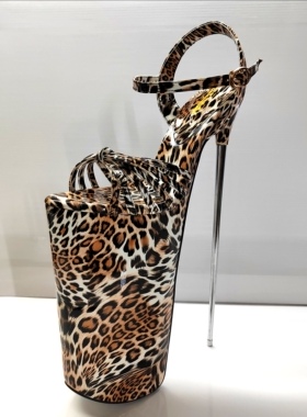 欧美新款超高细跟30公分钢跟22cm豹纹大码露趾细带19cm女性感凉鞋