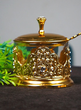 金属孔雀云丝镶砖茶杯糖盅带勺子玻璃杯子创意雕花铁艺元素礼品