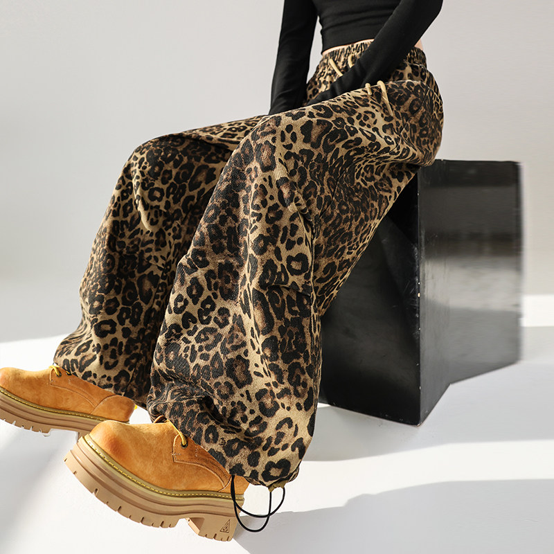 尚构2026春秋新款全棉洗水阔腿束脚两穿豹纹工装裤时尚休闲运动裤