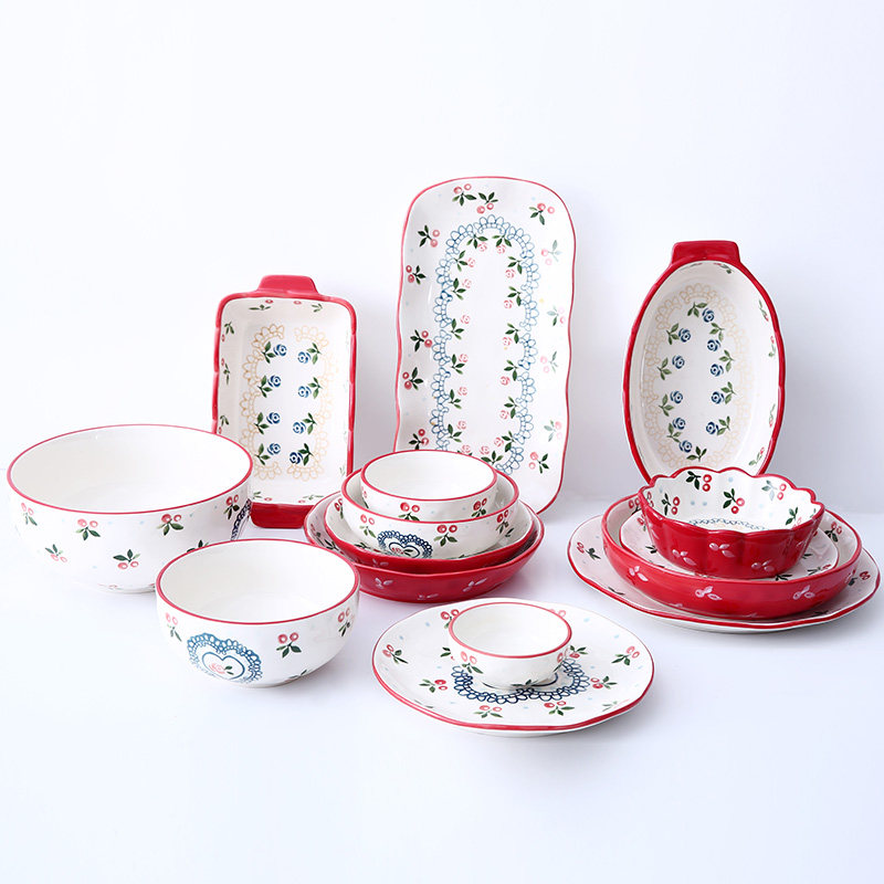 创意烤盘手绘樱桃碗陶瓷餐具米饭碗汤碗西餐盘家用菜盘子,餐饮具,盘,淘宝优惠券,粉丝福利购,淘宝优惠卷