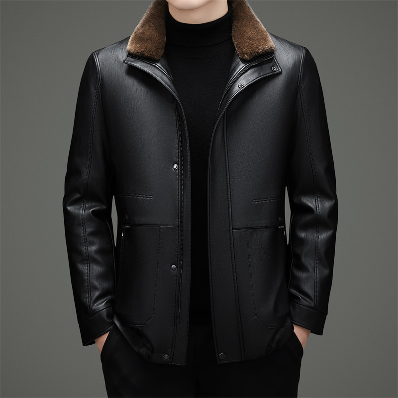 皮尔卡丹海宁绵羊皮加绒皮衣男士真皮可脱卸内胆毛领保暖加厚外套