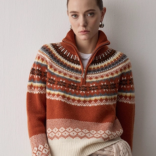 Evourse「费岛织暖」费尔岛立领半开拉链羊毛毛衣上衣女秋冬新品