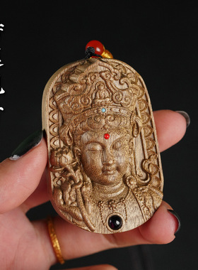 金丝楠木持莲观音吊坠守护挂件新中式木质雕刻手把件项链礼物