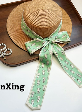 繁星原创新款日系设计猫咪卡通丝巾小长条细窄编发绑包包丝带腰带