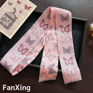繁星原创新款蝴蝶包包手柄丝巾百搭粉色印花发带领巾小长条飘带女