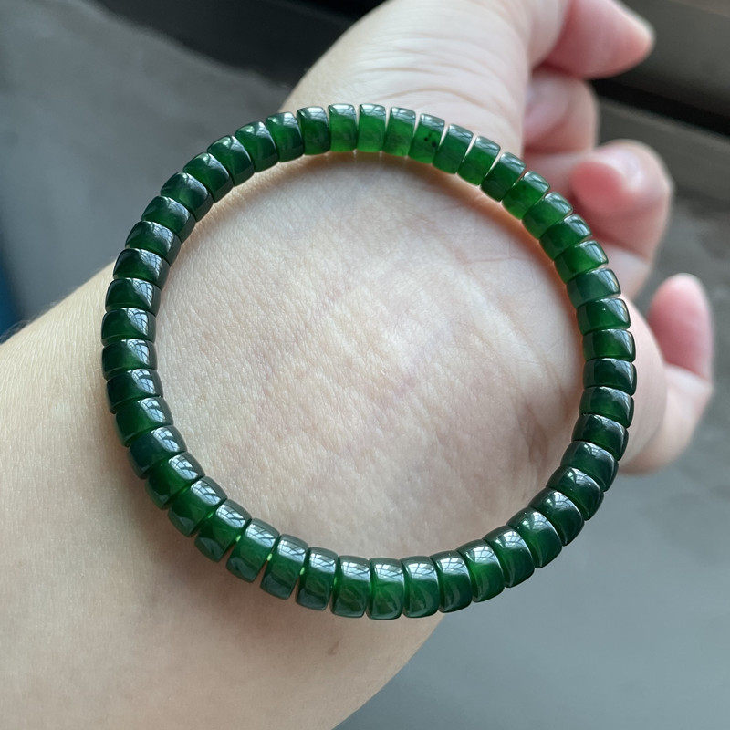 纯天然翡翠A货墨绿桶珠药片手串