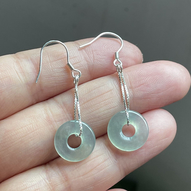 缅甸天然翡翠耳环女款圆环耳钩冰种玉石平安扣纯S925银甜甜圈耳饰