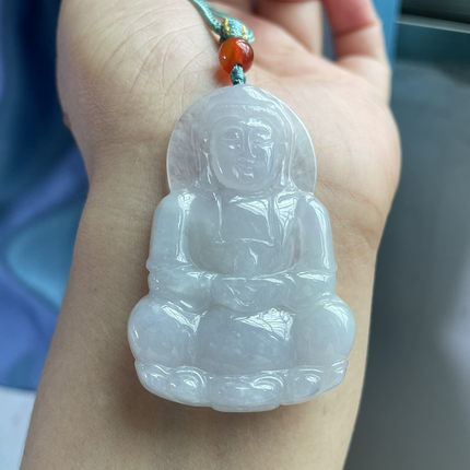 缅甸天然翡翠大观音老坑A货冰种白底飘花菩萨吊坠挂件玉佩男女