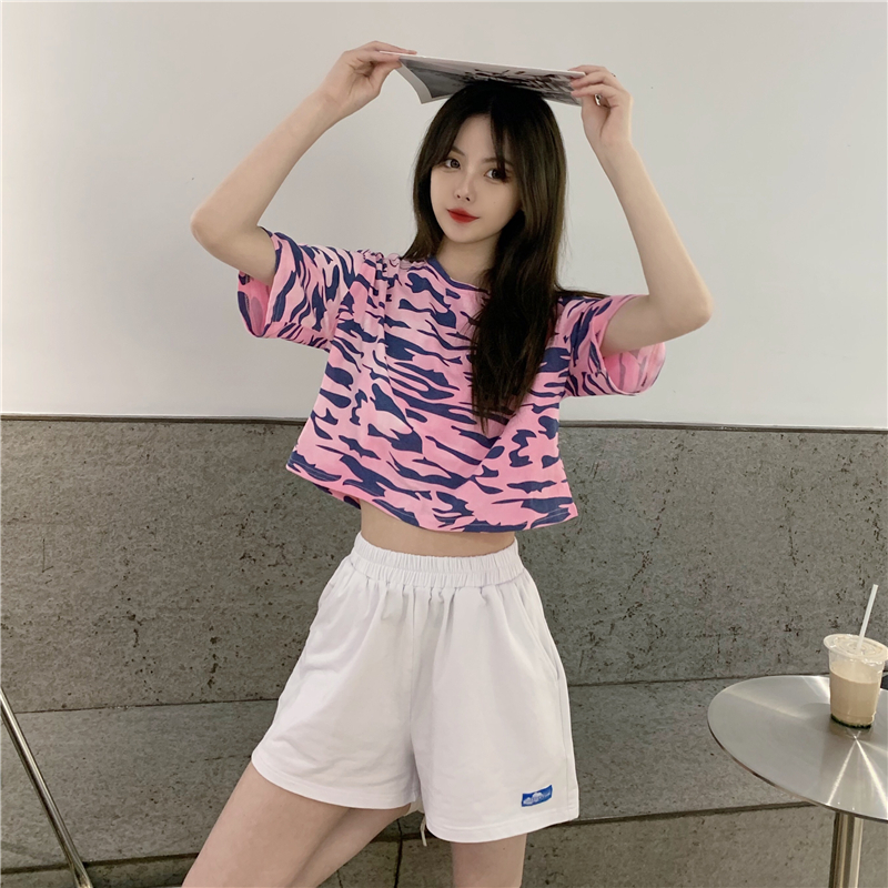 Real shooting and real price - Summer Korean fresh literature and art color zebra print pattern knitted shirt short sleeve blouse