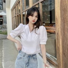 Real shot and real price - Korean summer design bubble sleeve side drawstring lace up V-neck shirt
