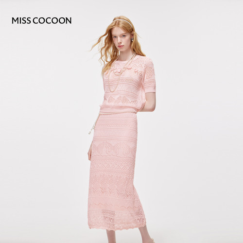 MISSCOCOON可可尼粉色圆领上衣女2026夏季新款镂空针织鱼尾裙套装