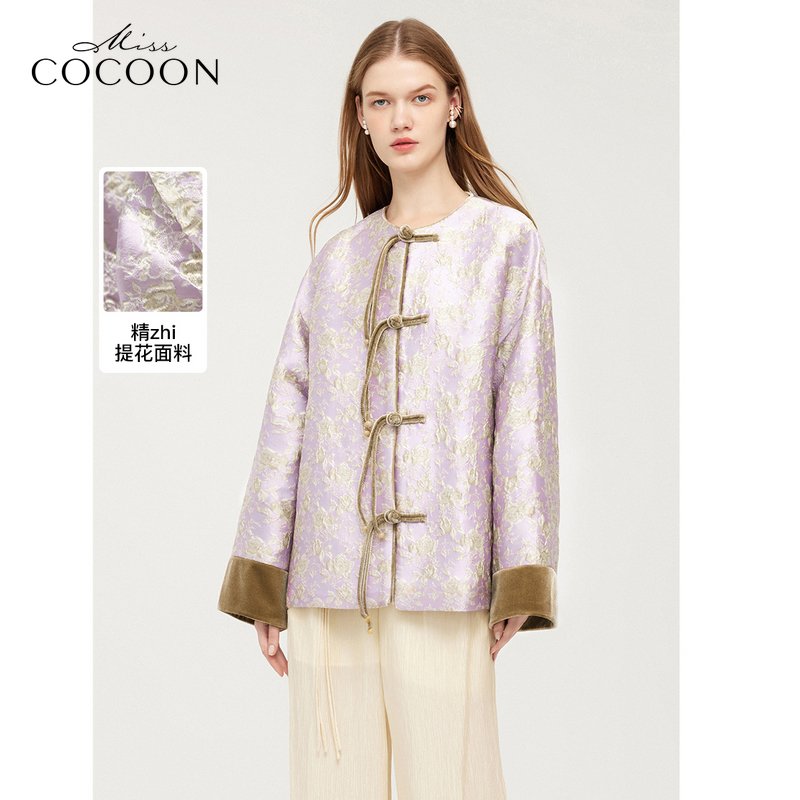 misscocoon新中式短外套女23秋装新款丝绒拼接中国风盘扣西装