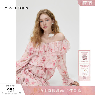 MISSCOCOON可可尼蕾丝一字肩上衣女2026春新款 粉色蝴蝶印花雪纺衫