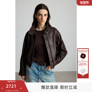 MISSCOCOON可可尼C3系列深棕色羊皮美式立领显瘦气质短夹克外套女