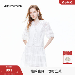 小白裙子女 新款 MISS COCOON可可尼莱赛尔拼接蕾丝连衣裙2025秋季