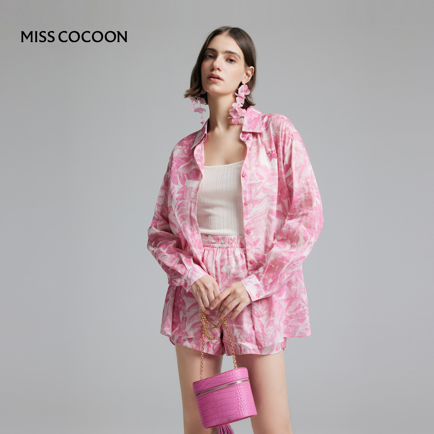 COCOON可可尼商场同款夏季玫粉色龟背叶印花图案大廓形衬衫女