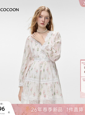 MISSCOCOON可可尼V领长袖碎花裙女26春新款田园风白色苎麻连衣裙